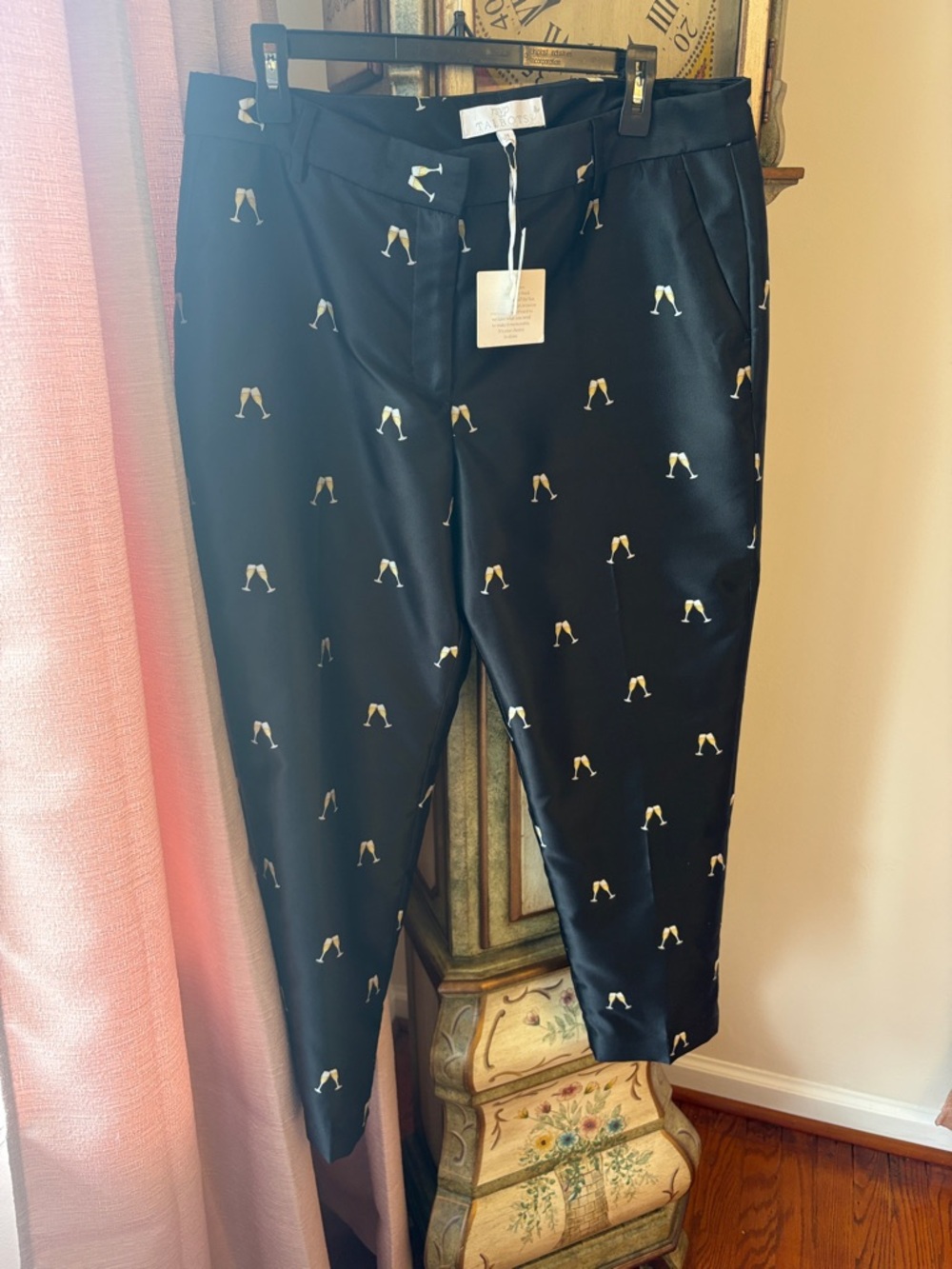 Talbots Black Satin Cropped Pants with White and Gold Embroidery